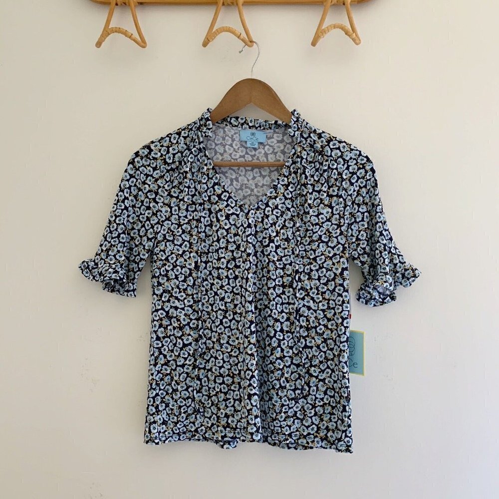 CeCe Blue Floral Frill Puff Sleeve Blouse XS NEW NWT Summer Cottagecore
